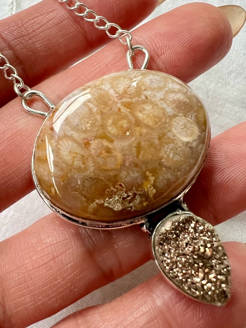925 Intuition Amber Petoskey Stone Fossil Druzy Pendant Necklace